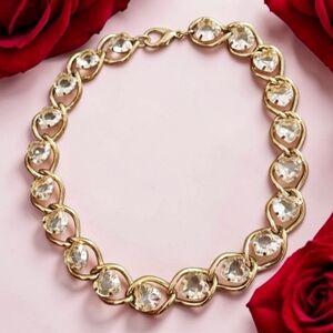 Vintage Gold Link Statement Necklace with Heart Shape Crystals